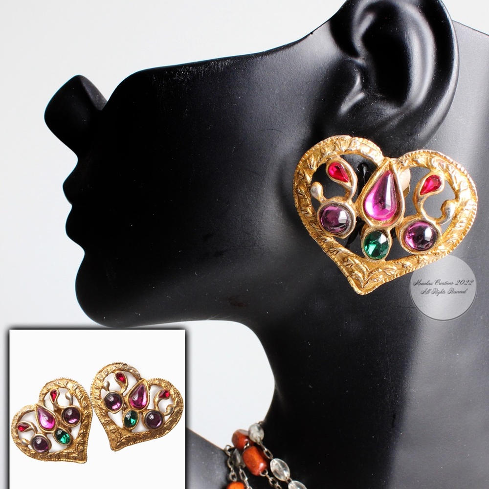 Christian Lacroix Earrings Statement Heart Shape Colored Cabochons Vintage 90s